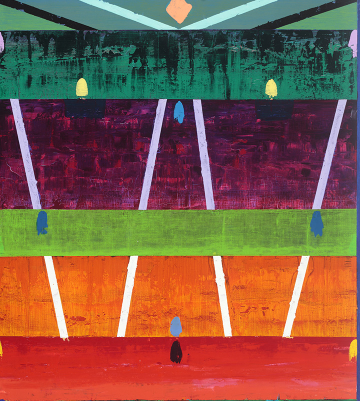 An art piece with red, orange, purple and green horizontal strips